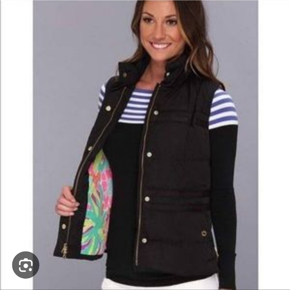 Lilly Pulitzer Black Puffer Vest with Tropical Lining